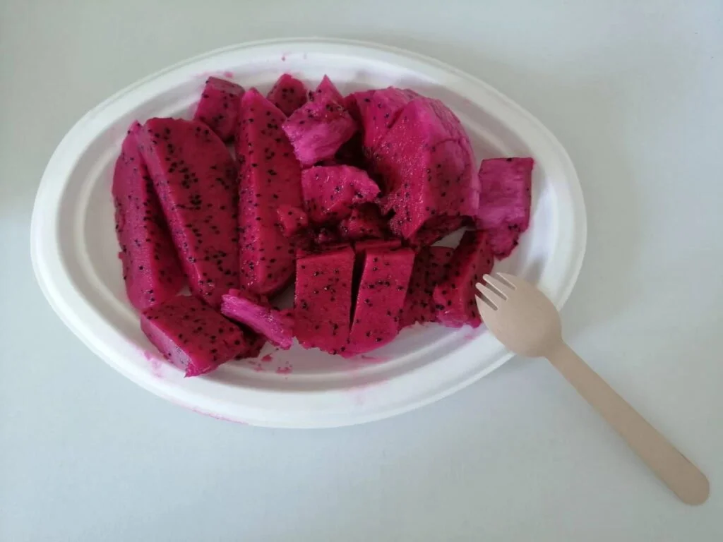これは、サトウキビパルプから作られたプレートの画像である。従来の紙皿に似ていますが、サトウキビパルプを圧縮して作られているため、環境に優しく持続可能です。薄い茶色、白色、光沢のある表面。