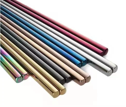 Pauzinhos de metal em aço inoxidável com elegante acabamento galvanizado, apresentando um design elegante para maior aderência.