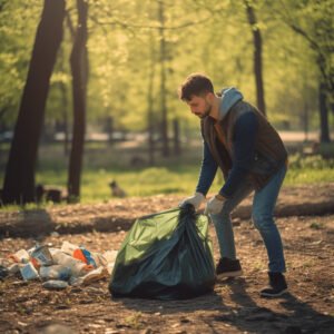 uma pessoa que usa a sacola para fazer compras ou recolher lixo em um parque