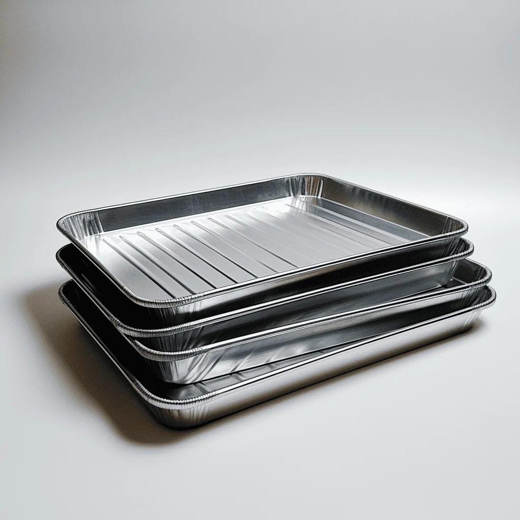 Imagen: Bandejas de aluminio personalizables en tamaño, logotipo y color. Las opciones incluyen bandejas con interior dorado y exterior negro, así como bandejas con interior plateado y exterior dorado. Estas bandejas están fabricadas con materiales respetuosos con el medio ambiente y aptos para uso alimentario, que fomentan la salud y la sostenibilidad.