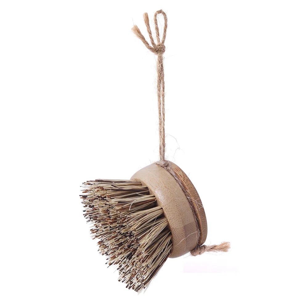 A imagem mostra uma escova de pratos de bambu com cerdas de sisal e fibra de coco, linha ecológica, cabo redondo.
