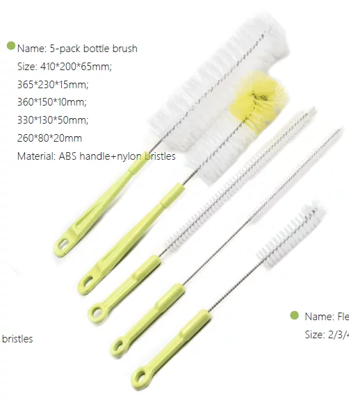 A imagem da escova para limpeza de garrafas é um conjunto de 5 peças. Seu cabo é de material ABS com aço inoxidável 304, transparente com cerdas de náilon amarelas.