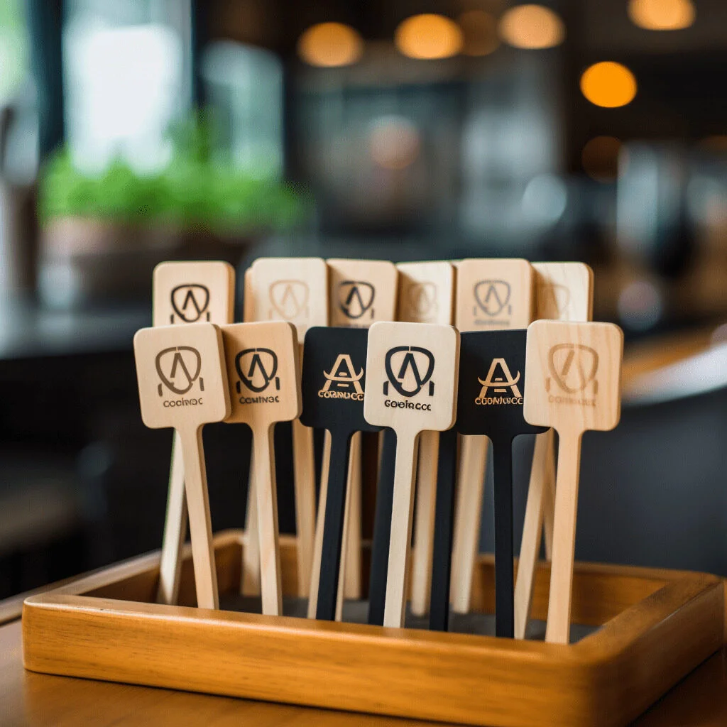 Logotipo en los agitadores de café.