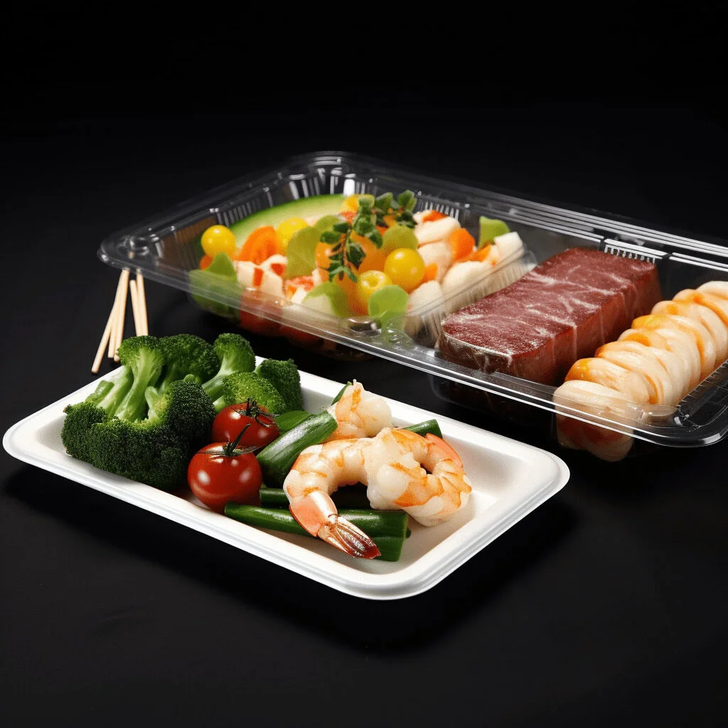 Imagen de una bandeja desechable para alimentos fabricada con PLA de calidad alimentaria, biodegradable, de color transparente, apta para contener alimentos.
