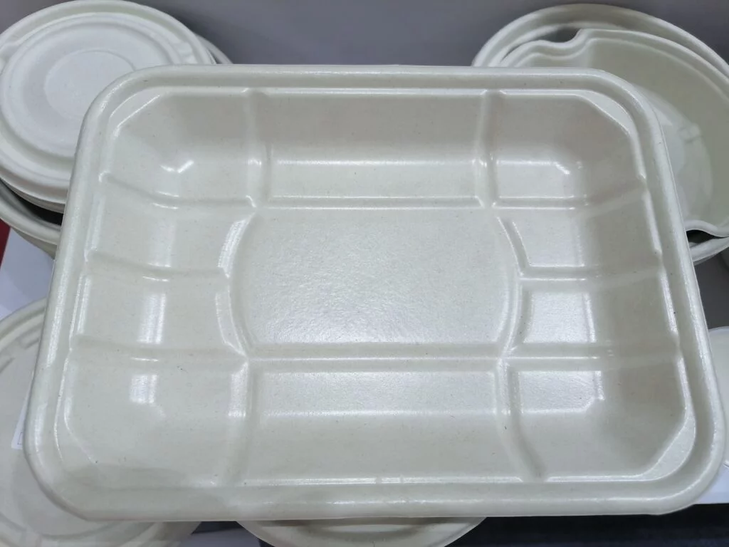 Bandejas desechables fabricadas con pulpa de caña de azúcar y bambú, ecológicas y biodegradables. Estas bandejas incorporan un revestimiento al agua seguro y respetuoso con el medio ambiente que evita que los alimentos se peguen.