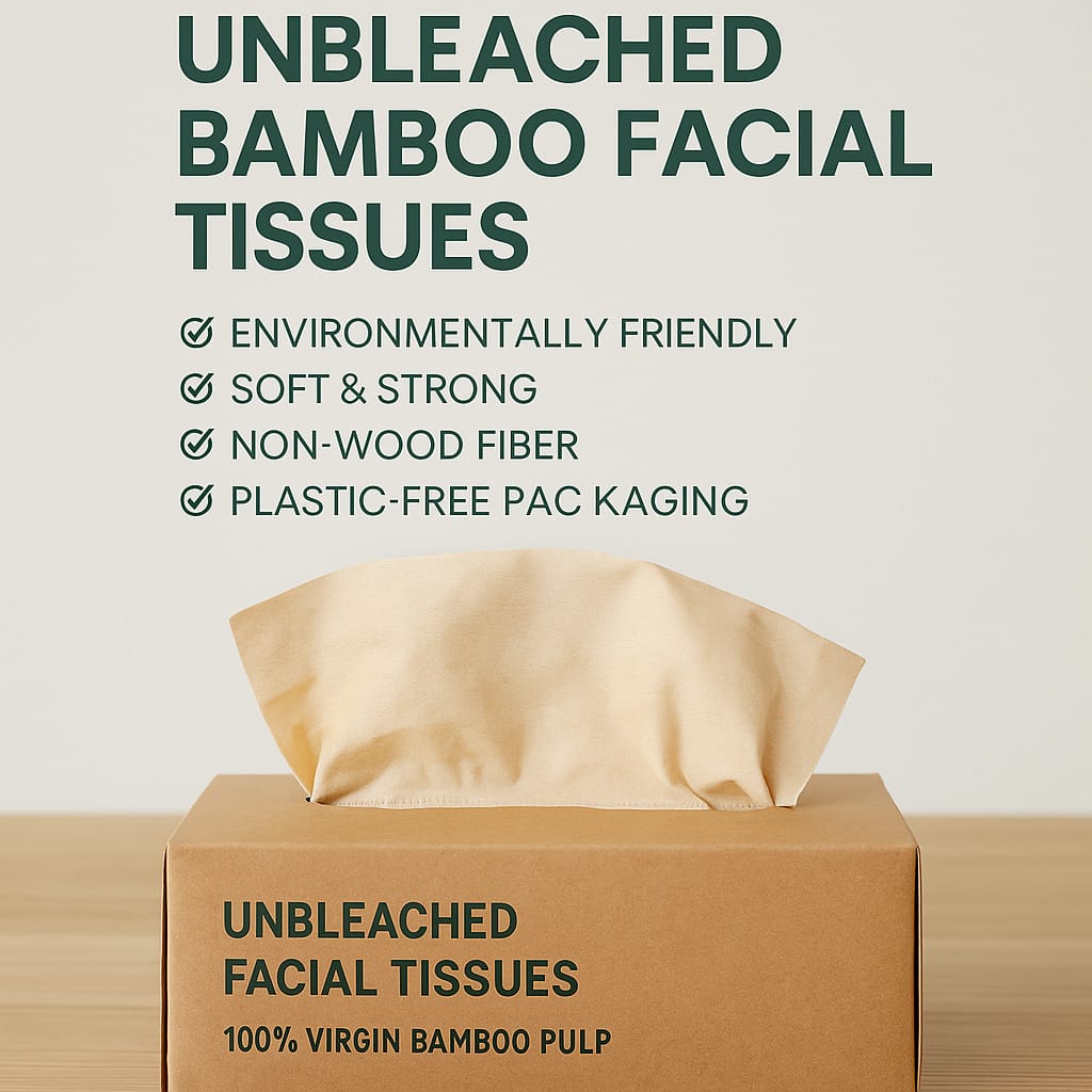 Box of soft, natural-colored facial tissues with one tissue partially pulled out, placed on a clean surface, emphasizing comfort and eco-friendly material.