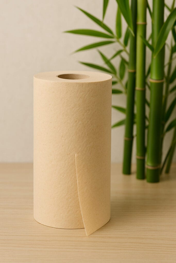 A roll of unbleached bamboo pulp kitchen paper standing upright on a wooden surface, with green bamboo stalks in the background, highlighting its natural and eco-friendly design.