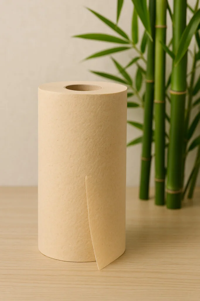 A roll of unbleached bamboo pulp kitchen paper standing upright on a wooden surface, with green bamboo stalks in the background, highlighting its natural and eco-friendly design.