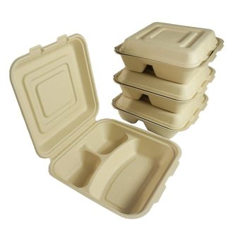 Disposable clamshell container made from 100% bamboo pulp. Green, eco-friendly, fluoride-free, safe, and biodegradable. Customizable and available with low minimum order quantity (MOQ).